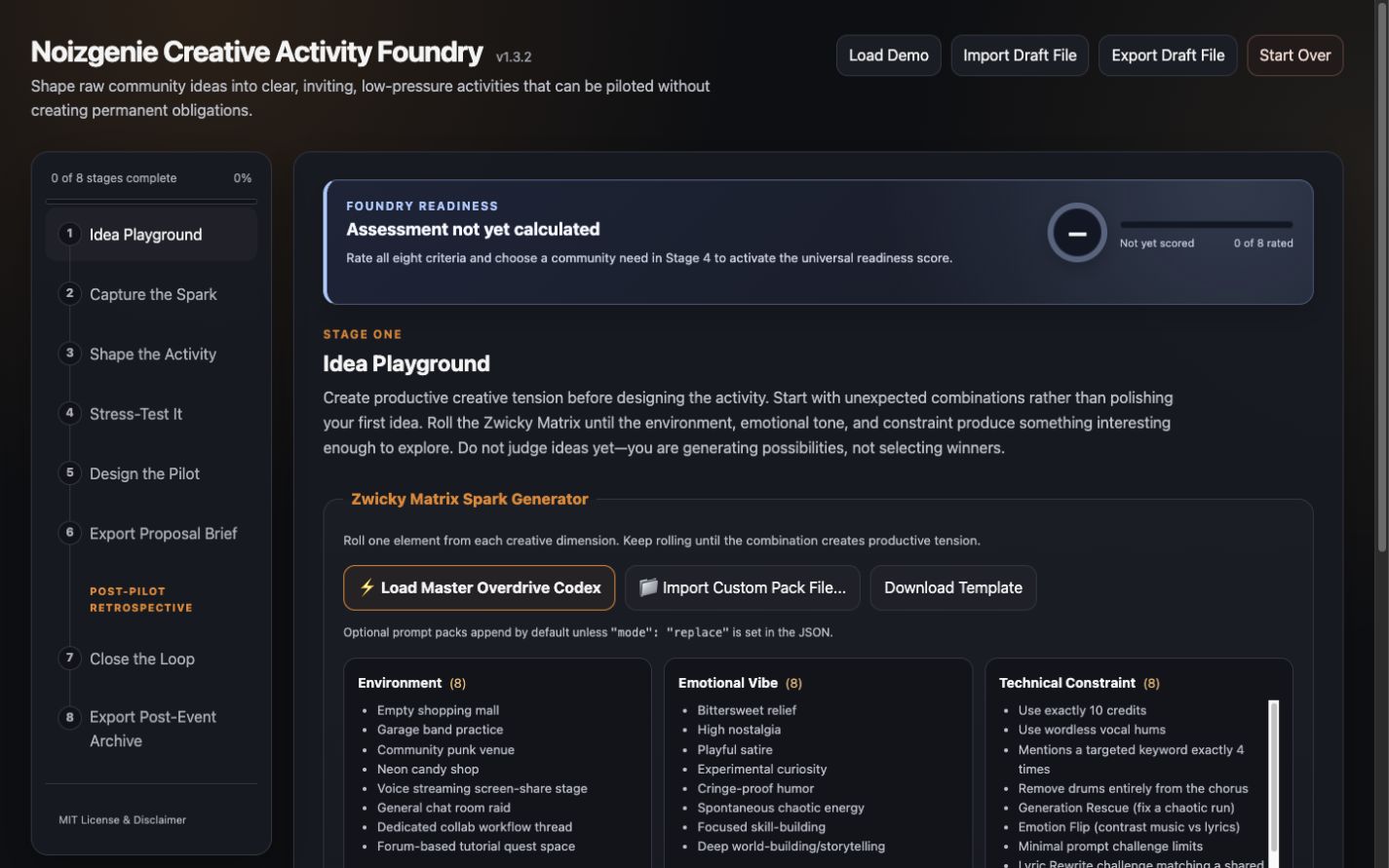 Activity Foundry interface showing its eight-stage workflow and idea playground